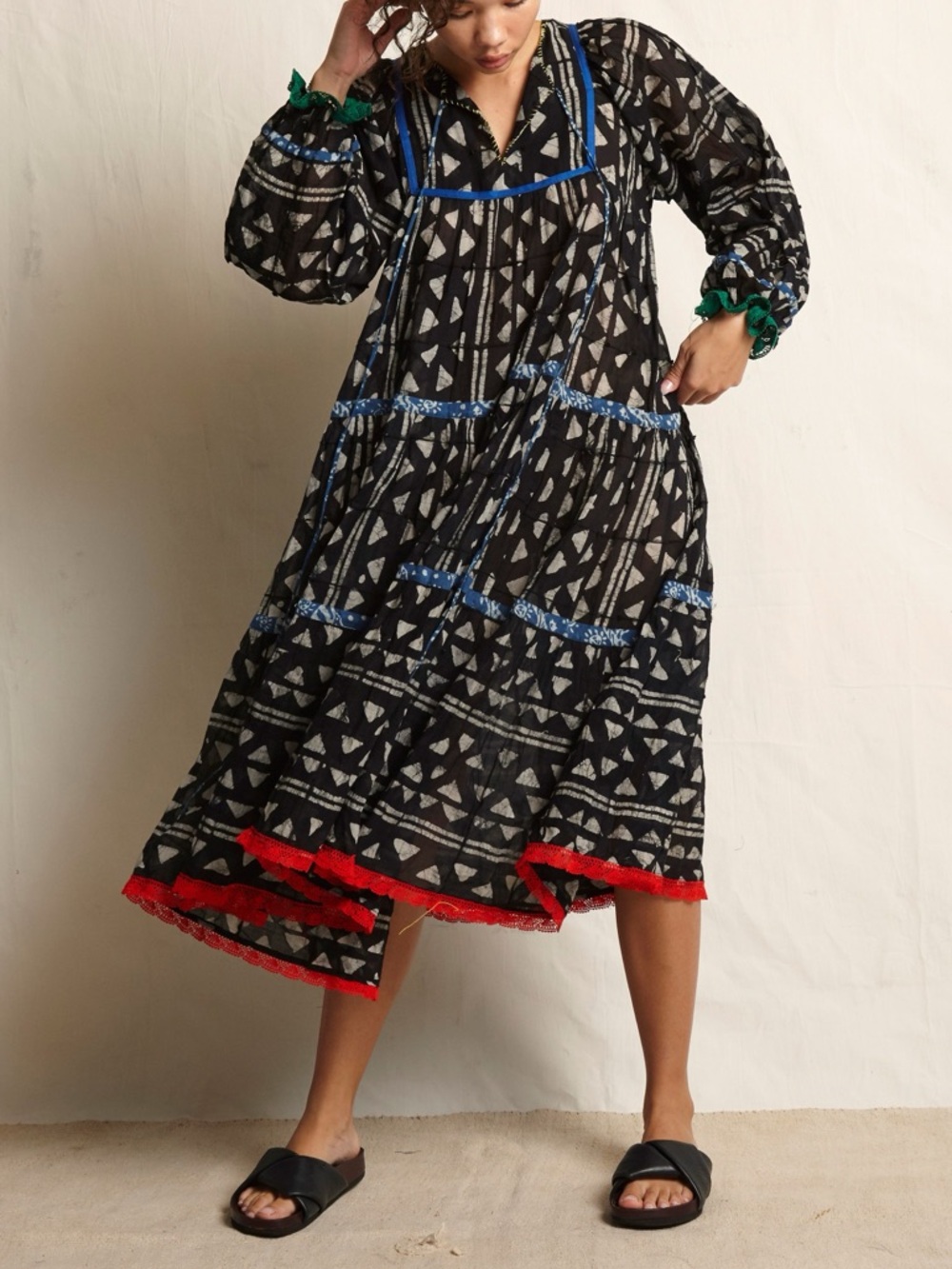 Warm Tiered Multi-Print Boho Midi Dress